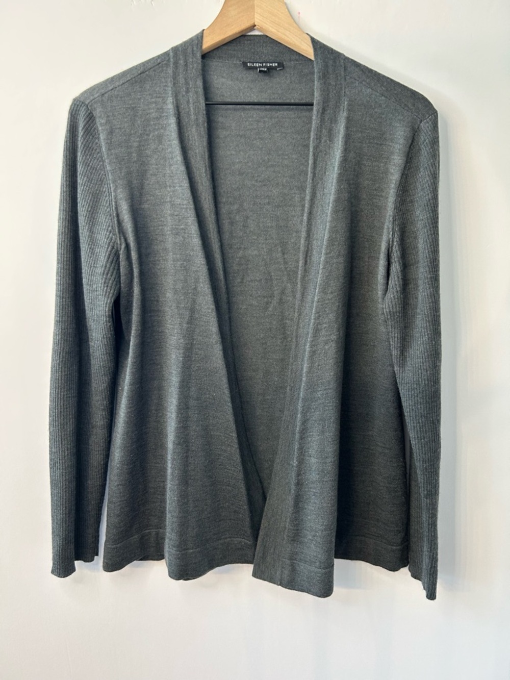 Eileen Fisher Women’s Charcoal Grey Open Front 100% Merino Wool Cardigan, Medium